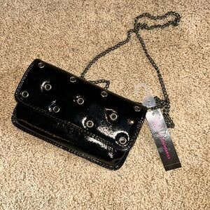 No Boundaries Shiny Black Crossbody Bag with Eyelets